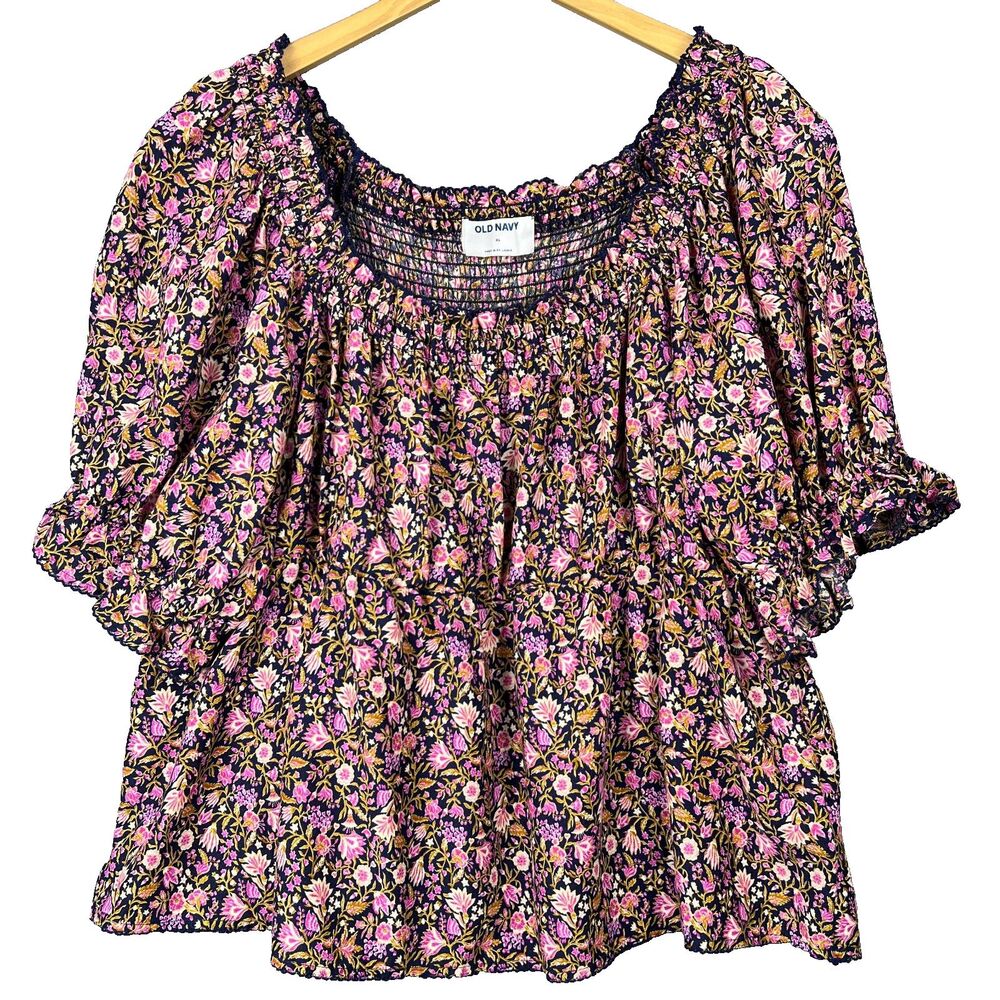 Old Navy Womens XL Top Floral Milkmaid Smocked Back Short Puff Sleeve Peplum